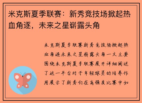 米克斯夏季联赛：新秀竞技场掀起热血角逐，未来之星崭露头角