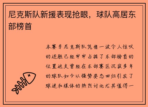 尼克斯队新援表现抢眼，球队高居东部榜首