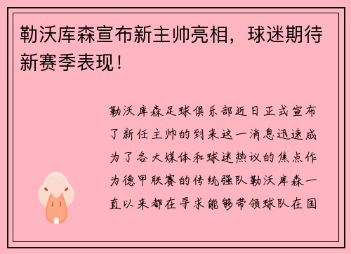 勒沃库森宣布新主帅亮相，球迷期待新赛季表现！