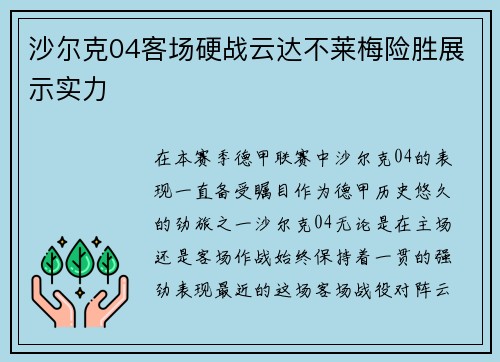 沙尔克04客场硬战云达不莱梅险胜展示实力