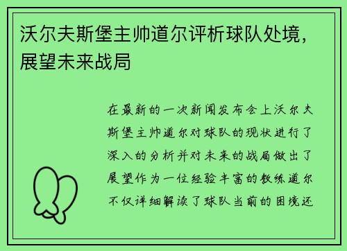 沃尔夫斯堡主帅道尔评析球队处境，展望未来战局